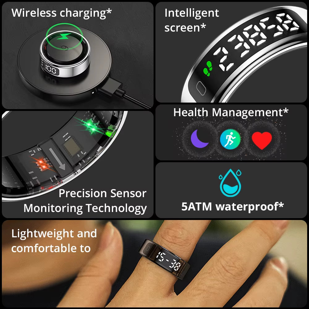 New  R12 Smart Ring, Wireless Charging, Display and Touch, Health Manager, Multi Sports Modes for Men Women, Gold, Silver